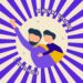 Immagini stilizzata di un babbo superman con in spalla il suo bambino sui toni del giallo vhiaro viola chiaro e viola scuro con giallo